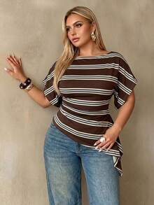 Auralis Plus Size Women's Solid Color Square Neck Batwing Striped Pattern Short Sleeve Ruched Asymmetrical Hem Fashion T-Shirt - Suitable For Casual, Daily And Office Wear - Multicolor - View 2
