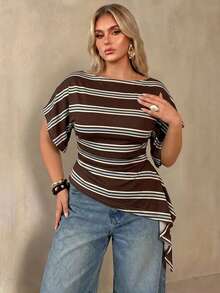 Auralis Plus Size Women's Solid Color Square Neck Batwing Striped Pattern Short Sleeve Ruched Asymmetrical Hem Fashion T-Shirt - Suitable For Casual, Daily And Office Wear - Multicolor - View 3