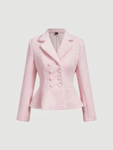 SHEIN MOD Mantel Tweed Merah Muda Klasik Wanita dengan Hem Peplum dan Desain Kancing Ganda untuk Gaya yang Elegan, Blazer Wol Merah Muda Musim Gugur/Dingin dengan Penutup Pinggang - Berwarna merah muda - View 3