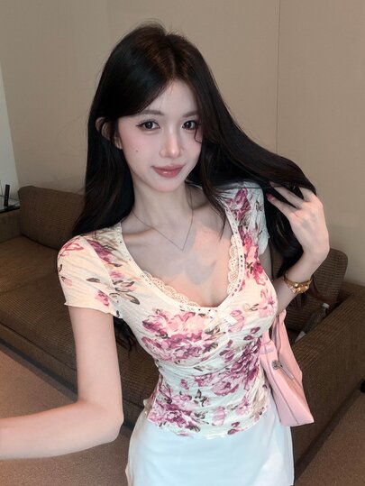 Joudiya 夏季歐美風修身顯瘦印花蕾絲上衣 極簡性感圓領百搭紫色女款T恤圖案短袖衫
