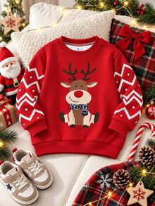 Sweatshirt Merah Anak Laki-laki (Ukuran Kecil) dengan Gambar Kartun Rusa Lucu di Bagian Depan, Hidung Merah, Pola Jacquard Gelombang Nordik Putih di Lengan, Kerah, Manset, dan Bagian Bawah Bergaris - MultiWarna - View 6
