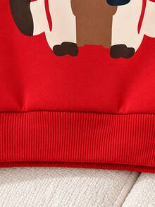 Sweatshirt Merah Anak Laki-laki (Ukuran Kecil) dengan Gambar Kartun Rusa Lucu di Bagian Depan, Hidung Merah, Pola Jacquard Gelombang Nordik Putih di Lengan, Kerah, Manset, dan Bagian Bawah Bergaris - MultiWarna - View 3
