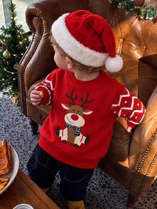Sweatshirt Merah Anak Laki-laki (Ukuran Kecil) dengan Gambar Kartun Rusa Lucu di Bagian Depan, Hidung Merah, Pola Jacquard Gelombang Nordik Putih di Lengan, Kerah, Manset, dan Bagian Bawah Bergaris - MultiWarna - View 1