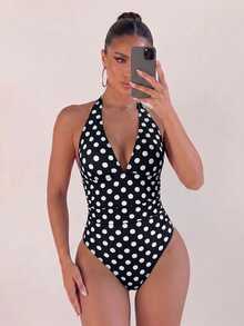 Sunnyshic Summer Women's Retro Chic Black White Polka Dot Halter Deep V Shirred Tummy Control One Piece Swimsuit Beach Vacation Pool Party - Black and White - View 5