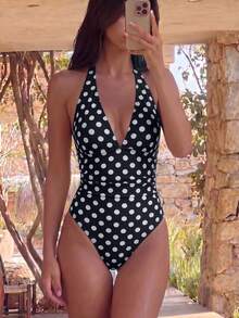 Sunnyshic Summer Women's Retro Chic Black White Polka Dot Halter Deep V Shirred Tummy Control One Piece Swimsuit Beach Vacation Pool Party - Black and White - View 1