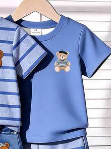 Young Boys 3 Packs Only Tops Cute Dinosaur Bear Striped Graphic Short Sleeve T-Shirt Multipack Set - Multicolor - View 3