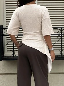 Siren Gaze 女士优雅米色夏季早午餐T恤，不对称褶裥腰身设计，不对称下摆，修身圆领宽袖针织上衣，休闲通勤之选 - 杏色 - 查看 3
