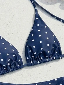 SHEIN Swim Women's Summer New Sexy Halter Tie Low Waist Polka Dot Print Bikini Set, Navy Blue Base - Navy Blue - View 5