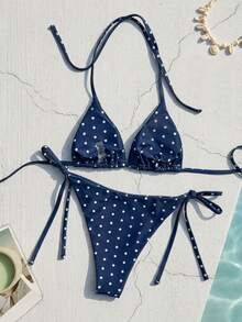 SHEIN Swim Women's Summer New Sexy Halter Tie Low Waist Polka Dot Print Bikini Set, Navy Blue Base - Navy Blue - View 2