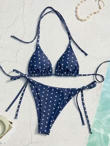 SHEIN Swim Women's Summer New Sexy Halter Tie Low Waist Polka Dot Print Bikini Set, Navy Blue Base - Navy Blue - View 3