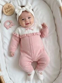 Baby Girl Pink Solid Color Long Sleeve Long Pants Knit Romper Jumpsuit Bodysuit Suitable For Spring Autumn Winter Wear With Jeans Jacket Cotton Coat - Pink - View 3