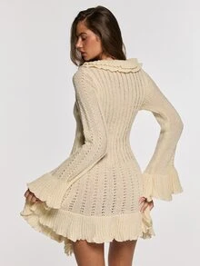 Opulessa Fall/Winter Casual Romantic Elegant Women's Solid Color Patchwork Ruffle Deep V-Neck Bell Sleeve Single-Breasted Knit Dress Brunch Beige - Apricot - View 2