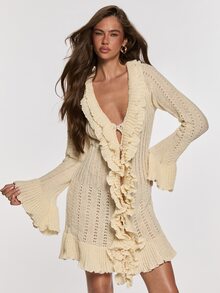 Opulessa Fall/Winter Casual Romantic Elegant Women's Solid Color Patchwork Ruffle Deep V-Neck Bell Sleeve Single-Breasted Knit Dress Brunch Beige - Apricot - View 3