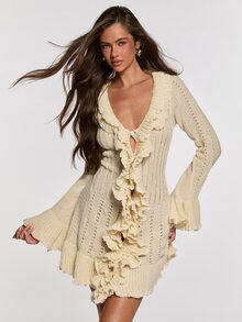 Opulessa Fall/Winter Casual Romantic Elegant Women's Solid Color Patchwork Ruffle Deep V-Neck Bell Sleeve Single-Breasted Knit Dress Brunch Beige - Apricot - View 7