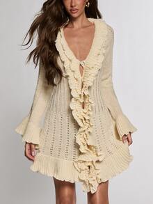 Opulessa Fall/Winter Casual Romantic Elegant Women's Solid Color Patchwork Ruffle Deep V-Neck Bell Sleeve Single-Breasted Knit Dress Brunch Beige - Apricot - View 5