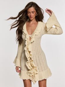 Opulessa Fall/Winter Casual Romantic Elegant Women's Solid Color Patchwork Ruffle Deep V-Neck Bell Sleeve Single-Breasted Knit Dress Brunch Beige - Apricot - View 6