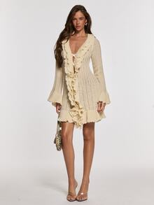 Opulessa Fall/Winter Casual Romantic Elegant Women's Solid Color Patchwork Ruffle Deep V-Neck Bell Sleeve Single-Breasted Knit Dress Brunch Beige - Apricot - View 1