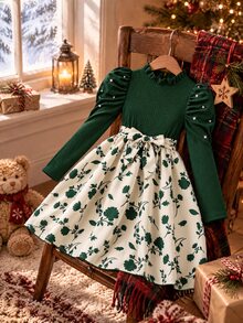 SHEIN 少女翠綠米色花瓣袖花卉印花A字洋裝，適合婚禮、感恩節、伴娘、派對，秋季可愛優雅風 - 彩色 - 查看 5