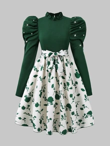 SHEIN 少女翠綠米色花瓣袖花卉印花A字洋裝，適合婚禮、感恩節、伴娘、派對，秋季可愛優雅風 - 彩色 - 查看 3