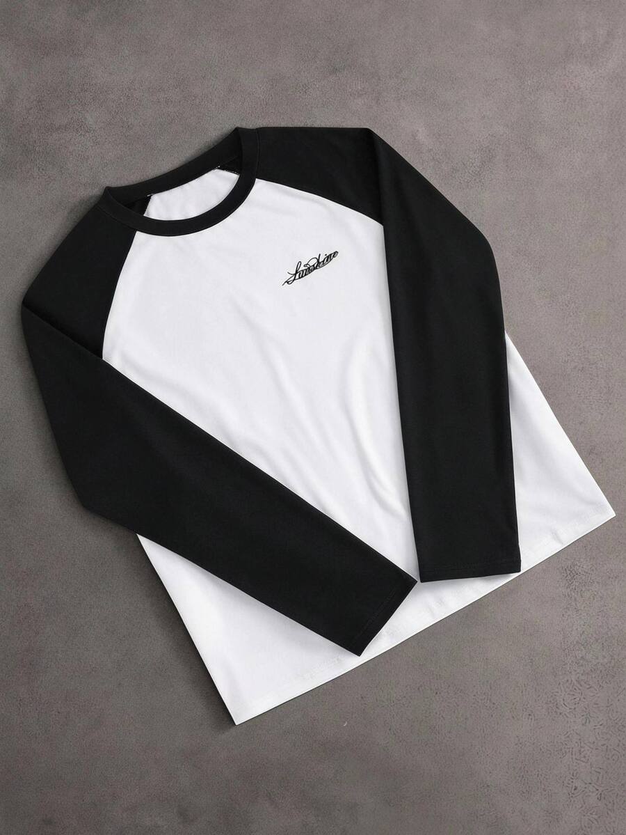 Coolqubz 1pc Men's Teen Street Style Color Block Fashion Crew Neck Raglan T-Shirt, Eye-Catching Color Block Design, Comfortable Fabric, Suitable For Street Style And Sports Casual Wear, Spring/Autumn New Style, Suitable For Multiple Seasons - Black and White - View 1