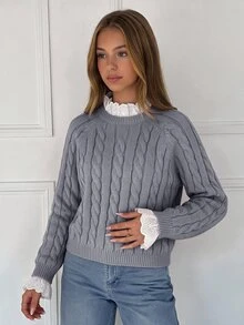 SHEIN Tween女孩秋冬休閒保暖內裡加厚拼接刺繡蕾絲飾邊寬鬆落肩長袖套頭毛衣，甜粉色返校兒童毛衣，秋冬款 - 灰色 - 查看 6