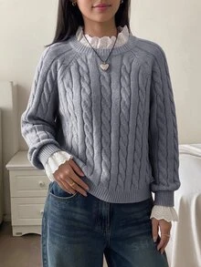 SHEIN Tween女孩秋冬休閒保暖內裡加厚拼接刺繡蕾絲飾邊寬鬆落肩長袖套頭毛衣，甜粉色返校兒童毛衣，秋冬款 - 灰色 - 查看 5