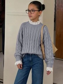 SHEIN Tween女孩秋冬休閒保暖內裡加厚拼接刺繡蕾絲飾邊寬鬆落肩長袖套頭毛衣，甜粉色返校兒童毛衣，秋冬款 - 灰色 - 查看 1