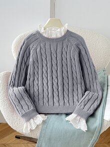 SHEIN Tween女孩秋冬休閒保暖內裡加厚拼接刺繡蕾絲飾邊寬鬆落肩長袖套頭毛衣，甜粉色返校兒童毛衣，秋冬款 - 灰色 - 查看 3