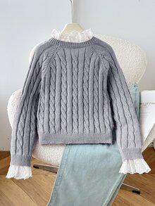 SHEIN Tween女孩秋冬休閒保暖內裡加厚拼接刺繡蕾絲飾邊寬鬆落肩長袖套頭毛衣，甜粉色返校兒童毛衣，秋冬款 - 灰色 - 查看 2