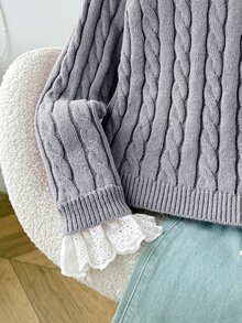 SHEIN Tween女孩秋冬休閒保暖內裡加厚拼接刺繡蕾絲飾邊寬鬆落肩長袖套頭毛衣，甜粉色返校兒童毛衣，秋冬款 - 灰色 - 查看 4