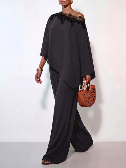 Zivah New Summer Casual Commuting Vacation Brown Loose One-Shoulder Asymmetrical Lace-Trimmed Collar Top + High Waist Wide-Leg Pant Women Two Pieces Set,Suitable For Everyday Wear, Vacations, Travel, Beaches, Party, Airport Outfits, Brunch Outfits,Boho , Nomadic,Casual ,Shopping,Commuting,Graduation Outifit,Country Concert Outfit,Back-To-School