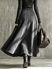 Glimmora Autumn/Winter Plus Size Women's Vintage Fashion Plus Size Flare Solid Color Pocket Skirt Fall - Grey - View 2