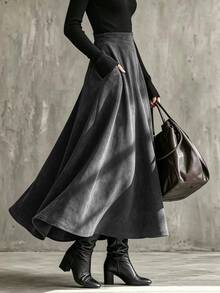 Glimmora Autumn/Winter Plus Size Women's Vintage Fashion Plus Size Flare Solid Color Pocket Skirt Fall - Grey - View 3