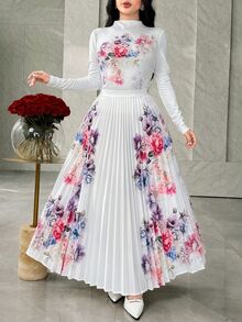 Feyla 女式优雅花卉印花长袖上衣和百褶裙两件套 - 白色 - 查看 7
