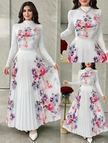 Feyla 女式优雅花卉印花长袖上衣和百褶裙两件套 - 白色 - 查看 2