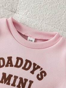 SHEIN Playful Pals 3件組女嬰背心T恤喇叭褲套裝，可愛甜美粉色與棕色字母印花，羅紋燈芯絨長袖圓領，生日秋季假期穿搭 - 粉色 - 查看 6