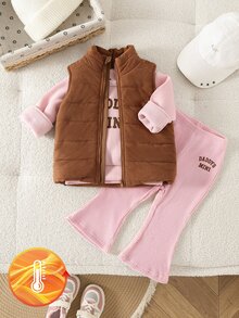 SHEIN Playful Pals 3件組女嬰背心T恤喇叭褲套裝，可愛甜美粉色與棕色字母印花，羅紋燈芯絨長袖圓領，生日秋季假期穿搭 - 粉色 - 查看 3
