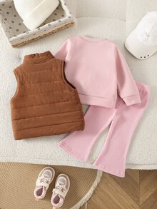 SHEIN Playful Pals 3件組女嬰背心T恤喇叭褲套裝，可愛甜美粉色與棕色字母印花，羅紋燈芯絨長袖圓領，生日秋季假期穿搭 - 粉色 - 查看 2