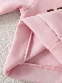 SHEIN Playful Pals 3件組女嬰背心T恤喇叭褲套裝，可愛甜美粉色與棕色字母印花，羅紋燈芯絨長袖圓領，生日秋季假期穿搭 - 粉色 - 查看 12