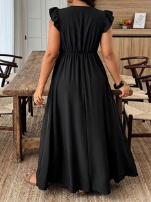 Weeklong Plus Size Women's Spring Summer Lace Patchwork Flutter Sleeve Ruffle A-Line Waist-Defining Casual Vacation Dress Elegant - Black - View 2