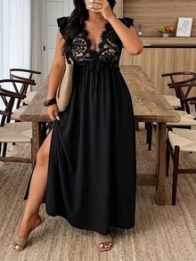 Weeklong Plus Size Women's Spring Summer Lace Patchwork Flutter Sleeve Ruffle A-Line Waist-Defining Casual Vacation Dress Elegant - Black - View 3
