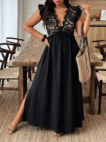 Weeklong Plus Size Women's Spring Summer Lace Patchwork Flutter Sleeve Ruffle A-Line Waist-Defining Casual Vacation Dress Elegant - Black - View 6