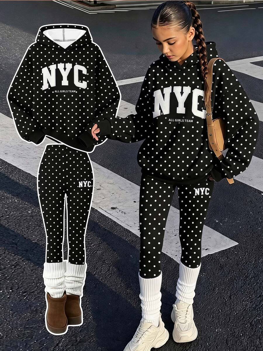Tween Girls Hooded Drop Shoulder Sweatshirt & Fitted Leggings 2 Pieces Set, Thermal Lined - Multicolor - View 1