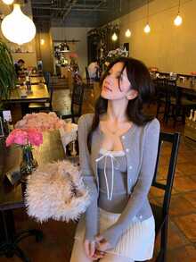 DAZY Women's Solid Color Korean Style Elegant Long Sleeve Autumn/Winter Sweater 2 Pieces Set - Grey - View 10