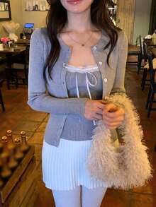 DAZY Women's Solid Color Korean Style Elegant Long Sleeve Autumn/Winter Sweater 2 Pieces Set - Grey - View 4