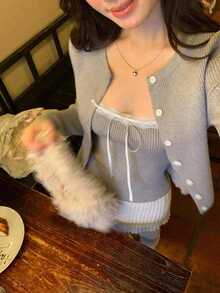 DAZY Women's Solid Color Korean Style Elegant Long Sleeve Autumn/Winter Sweater 2 Pieces Set - Grey - View 5