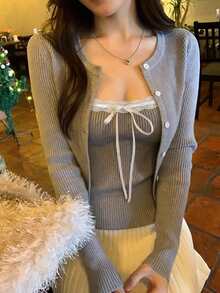 DAZY Women's Solid Color Korean Style Elegant Long Sleeve Autumn/Winter Sweater 2 Pieces Set - Grey - View 1