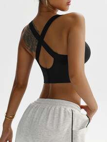 SHEIN Sports Women's Solid Color Criss-Cross Back Cropped Fitness Tank Top, For Daily Workout - Black - View 8