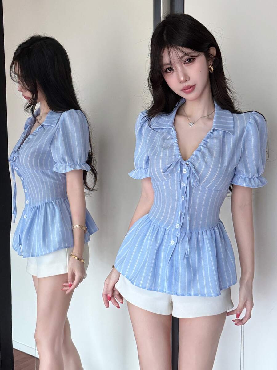 Joudiya Blus Wanita Gaya Musim Semi Musim Panas Manis dan Imut dengan Lengan Mengembang dan Ruffle di Pinggang, Desain Leher V dengan Tali Serut, Warna Biru Muda, Atasan untuk Liburan - Biru - View 1