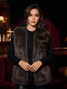Auvina Plus Size Sleeveless Faux Fur Elegant Jacket Winter - Coffee Brown - View 3